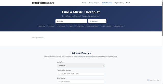 Security scan screenshot of https://musictherapynews.com/directory?search=dementia
