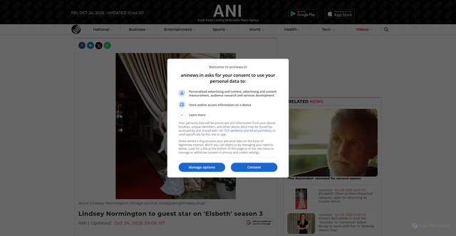 Security scan screenshot of https://www.aninews.in/news/entertainment/hollywood/lindsey-normington-to-guest-star-on-elsbeth-season-320251024090602