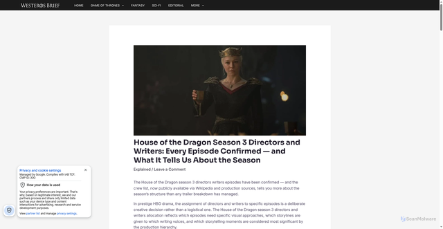 Security scan screenshot of https://westerosbrief.com/house-of-the-dragon-season-3-directors-writers-episodes/