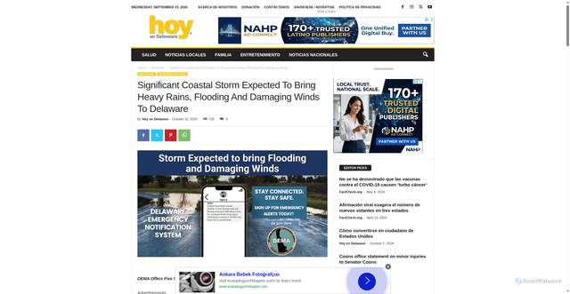 Security scan screenshot of https://hoyendelaware.com/significant-coastal-storm-expected-to-bring-heavy-rains-flooding-and-damaging-winds-to-delaware/