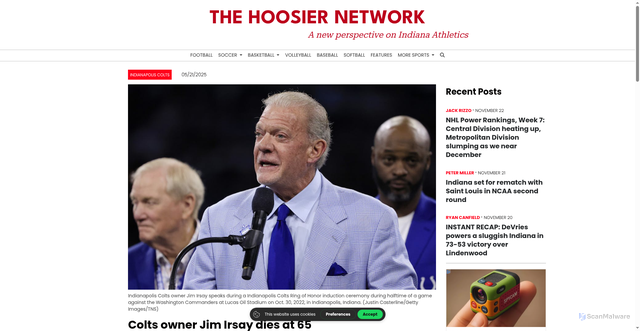 Security scan screenshot of https://www.thehoosiernetwork.com/article/2025/05/indianapolis-colts-jim-irsay-obituary