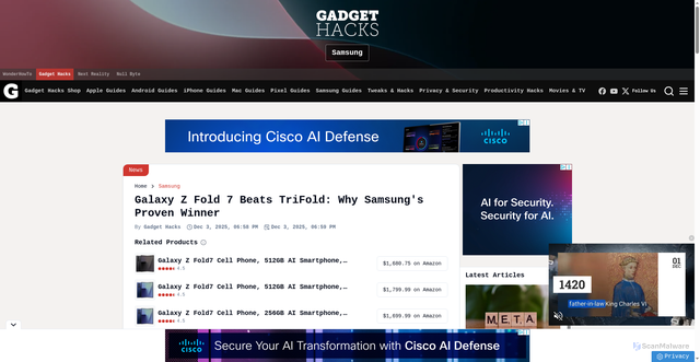 Security scan screenshot of https://samsung.gadgethacks.com/news/galaxy-z-fold-7-beats-trifold-why-samsungs-proven-winner/