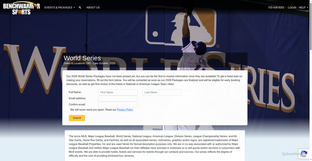 Security scan screenshot of https://www.benchwarmersports.com/baseball/world-series-packages