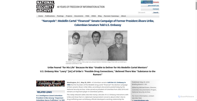 Security scan screenshot of https://nsarchive.gwu.edu/briefing-book/colombia/2018-05-25/narcopols-medellin-cartel-financed-senate-campaign-former
