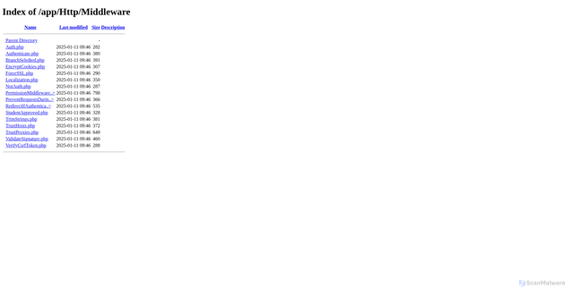 Security scan screenshot of http://online.electroja.emcan-group.com/app/Http/Middleware/