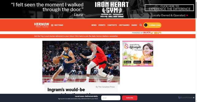 Security scan screenshot of https://vernonmatters.ca/2025/12/31/ingrams-would-be-game-tying-three-at-buzzer-overturned-as-raptors-fall-to-nuggets/