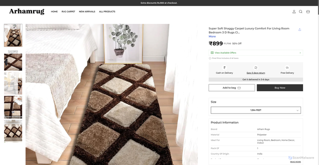 Security scan screenshot of https://arhamrug.shop/Super-Soft-Shaggy-Carpet-Luxury-Comfort-For-Living-Room-Bedroom/catalogue/CLHV5Wsl/ZkOl8pqE