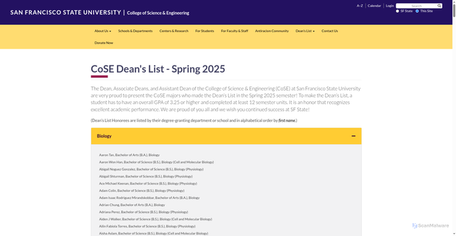 Security scan screenshot of https://cose.sfsu.edu/cose-deans-list-spring-2025
