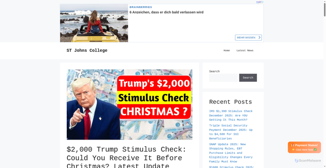 Security scan screenshot of https://stjohnscollege.org.in/2000-trump-stimulus-check-could-you-receive-it-before-christmas-latest-update/