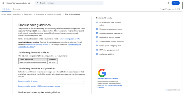Security scan screenshot of https://support.google.com/a/answer/81126?visit_id=639110139315348620-285617741&p=UnsolicitedIPError&rd=2