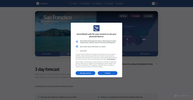 Security scan screenshot of https://aurorareach.com/places/us/san-francisco/forecast