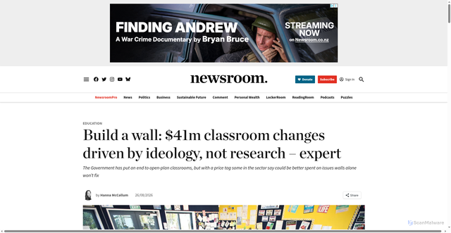 Security scan screenshot of https://newsroom.co.nz/2026/08/26/41m-classroom-wall-reversal-driven-by-political-ideology-not-research-expert-says/