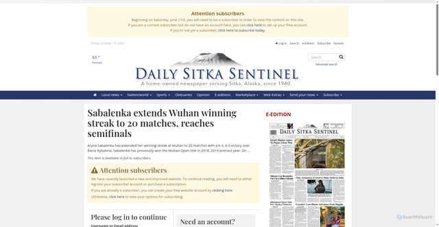 Security scan screenshot of http://www.sitkasentinel.com/stories/sabalenka-extends-wuhan-winning-streak-to-20-matches-reaches-semifinals,80473