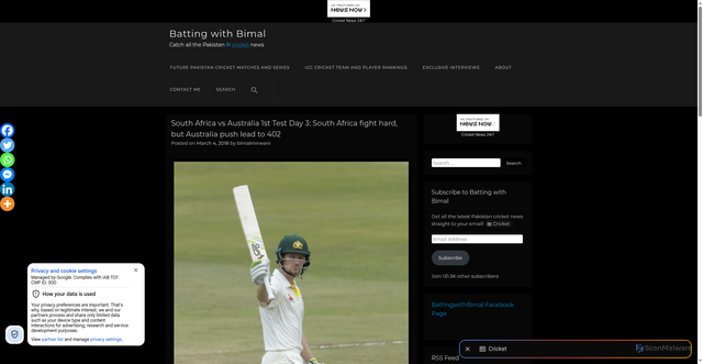 Security scan screenshot of http://battingwithbimal.com/2018/03/04/south-africa-fight-australia-lead-402/