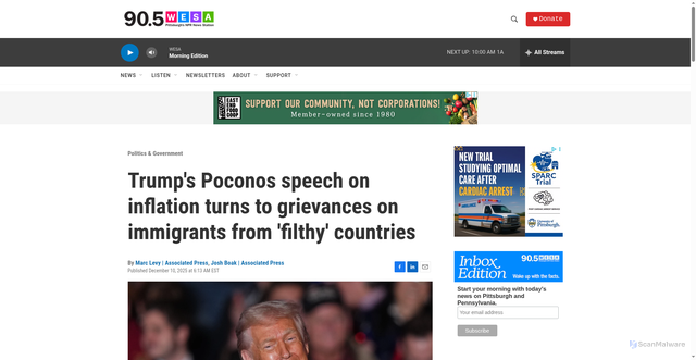 Security scan screenshot of https://www.wesa.fm/politics-government/2025-12-10/trump-poconos-inflation-immigrants