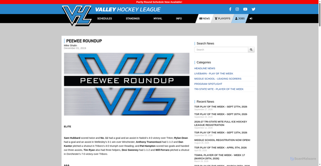 Security scan screenshot of https://www.valleyhockeyleague.com/peewee-roundup-dec-1st