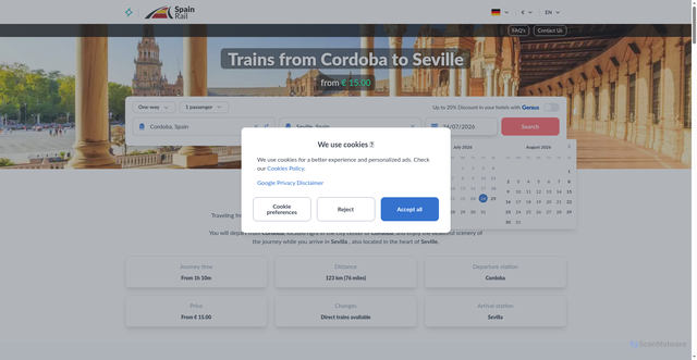 Security scan screenshot of https://spainrail.com/en/train/cordoba/seville