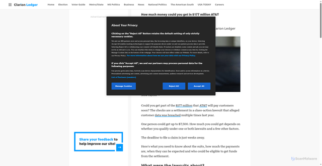 Security scan screenshot of https://www.clarionledger.com/story/news/2025/10/02/how-much-will-you-get-in-177-million-att-settlement-find-out-how-to-file-claim-mississippi/86463309007/
