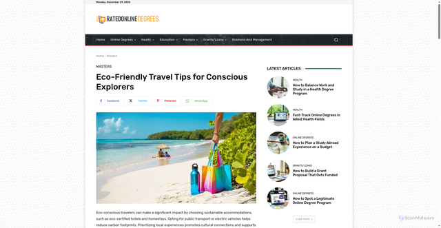 Security scan screenshot of https://ratedonlinedegrees.com/eco-friendly-travel-tips-for-conscious-explorers/