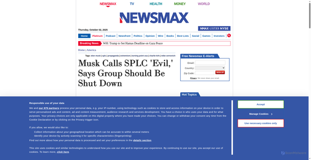 Security scan screenshot of https://www.newsmax.com/us/elon-musk-splc-propaganda/2025/10/02/id/1228730/
