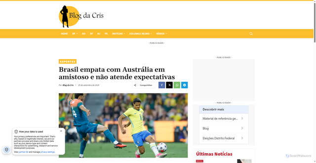 Security scan screenshot of https://blogdacris.com.br/noticias/brasil-empata-com-australia-em-amistoso-e-nao-atende-expectativas/