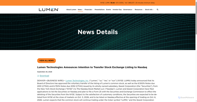Security scan screenshot of https://ir.lumen.com/news/news-details/2026/Lumen-Technologies-Announces-Intention-to-Transfer-Stock-Exchange-Listing-to-Nasdaq/default.aspx