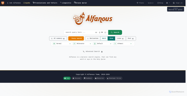 Security scan screenshot of https://alfanous.org
