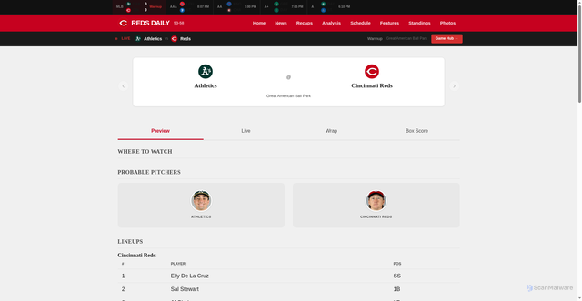 Security scan screenshot of https://redsdaily.com/game/athletics-vs-reds-aug-04-2026/824484