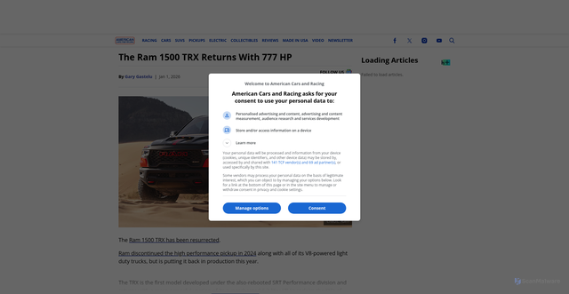 Security scan screenshot of https://americancarsandracing.com/2026/01/01/ram-trx-returns/