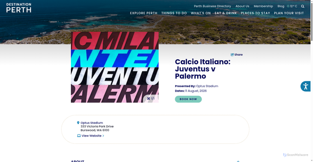 Security scan screenshot of https://www.destinationperth.com.au/event/calcio-italiano%3A-juventus-v-palermo/5756/