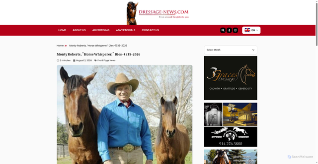 Security scan screenshot of https://dressage-news.com/2026/08/02/monty-roberts-horse-whisperer-dies-1935-2026/