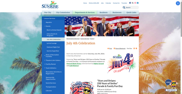 Security scan screenshot of https://www.sunrisefl.gov/departments-services/leisure-services/events/july-4th-celebration