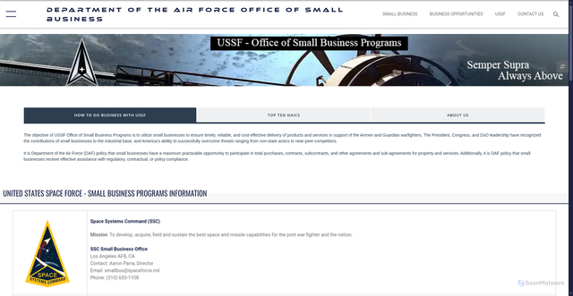 Security scan screenshot of https://www.airforcesmallbiz.af.mil/ussf-small-business/
