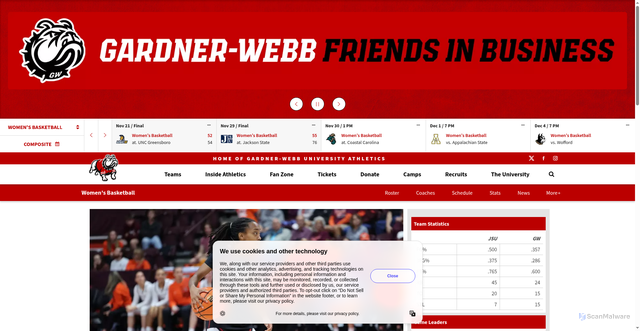 Security scan screenshot of https://gwusports.com/news/2025/11/29/womens-basketball-runnin-bulldogs-fall-76-55-to-jackson-state-at-coastal-carolina-thanksgiving-tournament.aspx