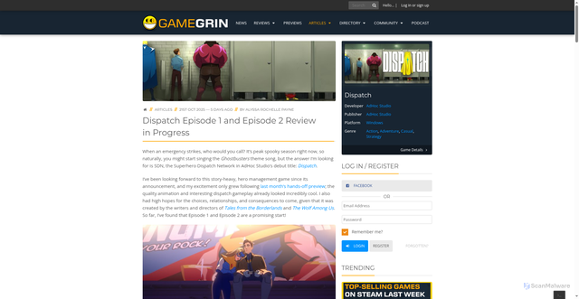 Security scan screenshot of https://www.gamegrin.com/articles/dispatch-episode-1-and-episode-2-review-in-progress/