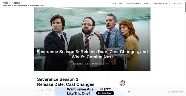 Security scan screenshot of https://wi-fiplanet.com/severance-season-3-release-date-cast-changes-and-whats-coming-next/