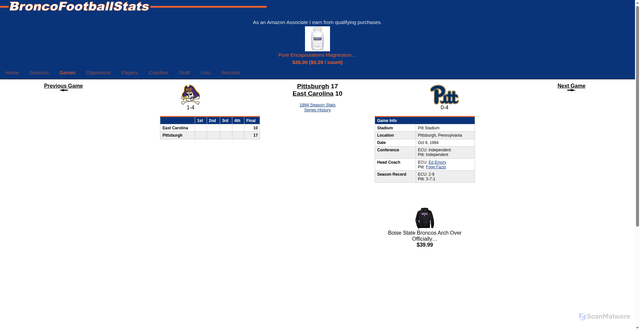 Security scan screenshot of https://broncofootballstats.com/games.php?show=details&game_id=27187