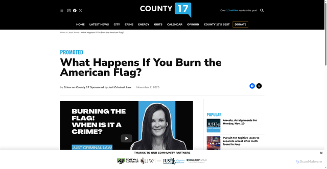 Security scan screenshot of https://county17.com/2025/11/07/what-happens-if-you-burn-the-american-flag/