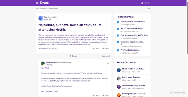 Security scan screenshot of https://community.roku.com/discussions/apps-and-viewing/no-picture-but-have-sound-on-youtube-tv-after-using-netflix/1106588