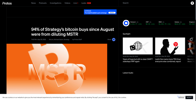 Security scan screenshot of https://protos.com/94-of-strategys-bitcoin-buys-since-august-were-from-diluting-mstr/
