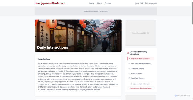 Security scan screenshot of https://learnjapanesecards.com/a2/daily-interactions/