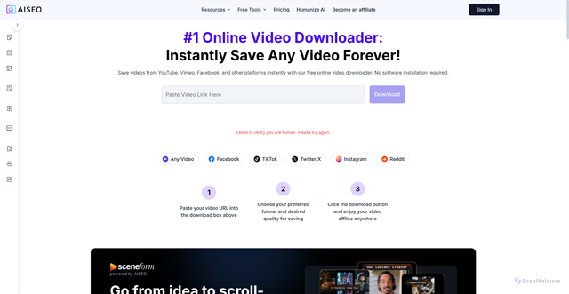 Security scan screenshot of https://aiseo.ai/tools/video-downloader