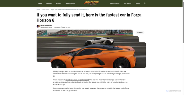 Security scan screenshot of https://adventuregamers.com/news/fastest-car-forza-horizon-6