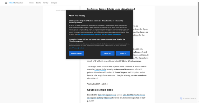 Security scan screenshot of https://www.thenorthwestern.com/story/sports/nba/2025/12/03/spurs-at-magic-odds-picks-and-predictions/87587632007/