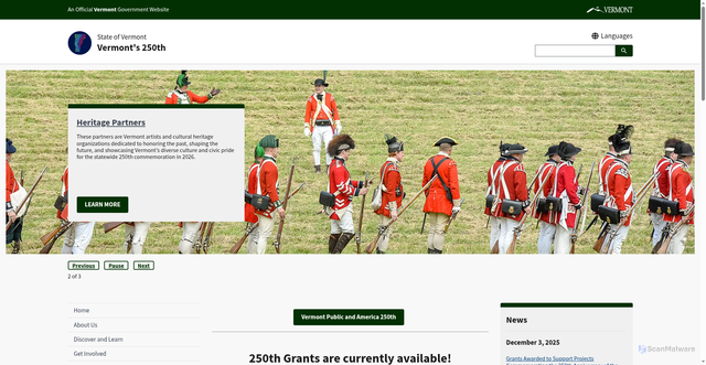 Security scan screenshot of https://anniversary250.vermont.gov/home