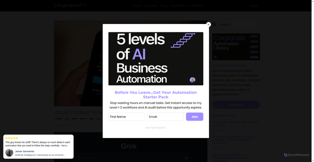 Security scan screenshot of https://www.augmentedstartups.com/blog?tag=grok&srsltid=AfmBOorkkX9T_vPxeQxBGOuyCMpIViS_wctiyhbqZdfenMTZ8tBXN2ad