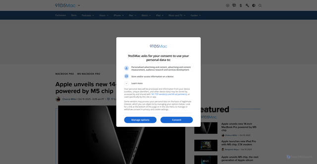 Security scan screenshot of https://9to5mac.com/2025/10/15/apple-unveils-new-14-inch-macbook-pro-powered-by-m5-chip/