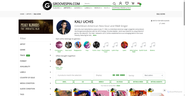 Security scan screenshot of https://www.groovespin.com/interpret/kali-uchis?srsltid=AfmBOor2W9IoS3bjQGkK7vASYrmOi0OGLBBC1OXO9x3GLYEe51YgSpeZ