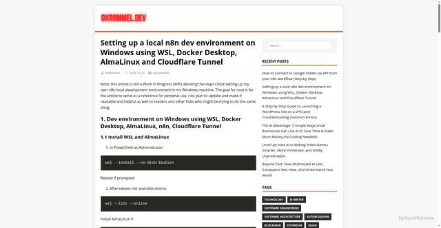 Security scan screenshot of https://0xrommel.pages.dev/posts/setting-up-a-local-dev-environment-on-windows-using-wsl-docker-desktop-almalinux-n8n-and-cloudflare-tunnel/