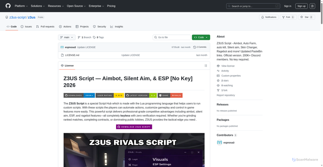 Security scan screenshot of https://github.com/z3us-script/z3us